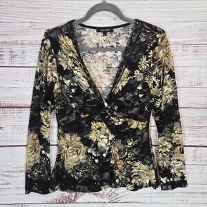 Karen Kane Y2K Babydoll Top L Black Floral Lace Whimsigoth VNeck Dark Fairy Boho